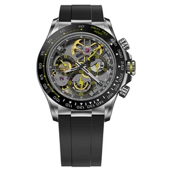 CRONUSART Men Automatic Watch 40mm Luxury Chronograph Mechanical Wristwatch Skeleton Luminous Fluororubber Strap Ceramic Bezel