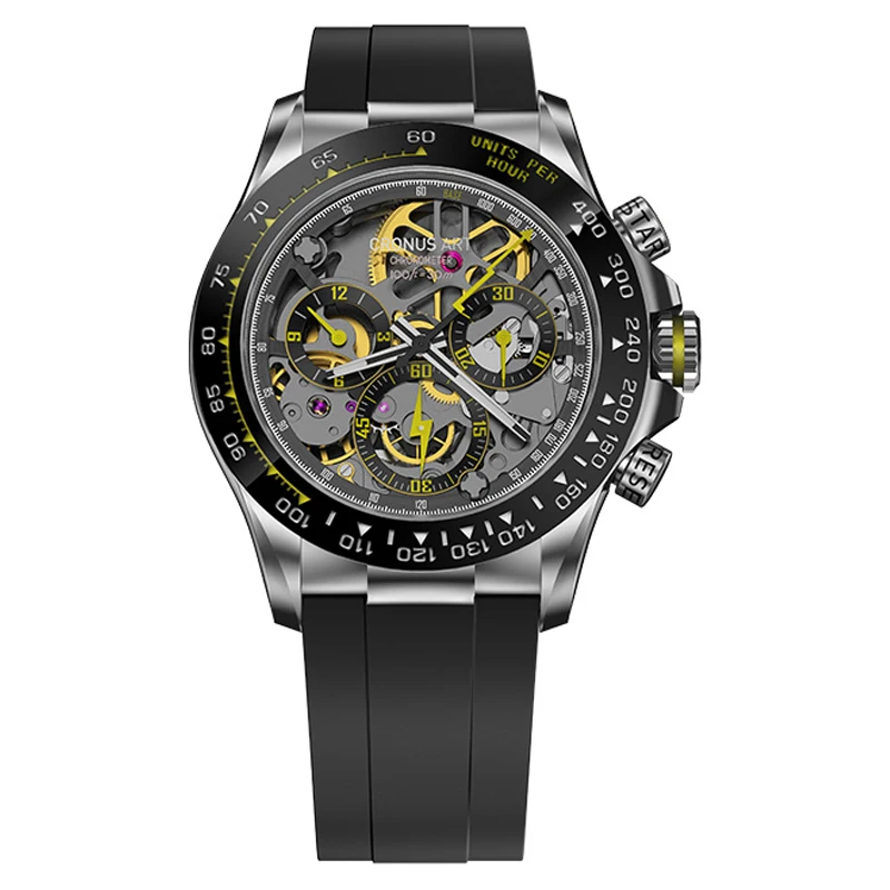 CRONUSART Men Automatic Watch 40mm Luxury Chronograph Mechanical Wristwatch Skeleton Luminous Fluororubber Strap Ceramic Bezel