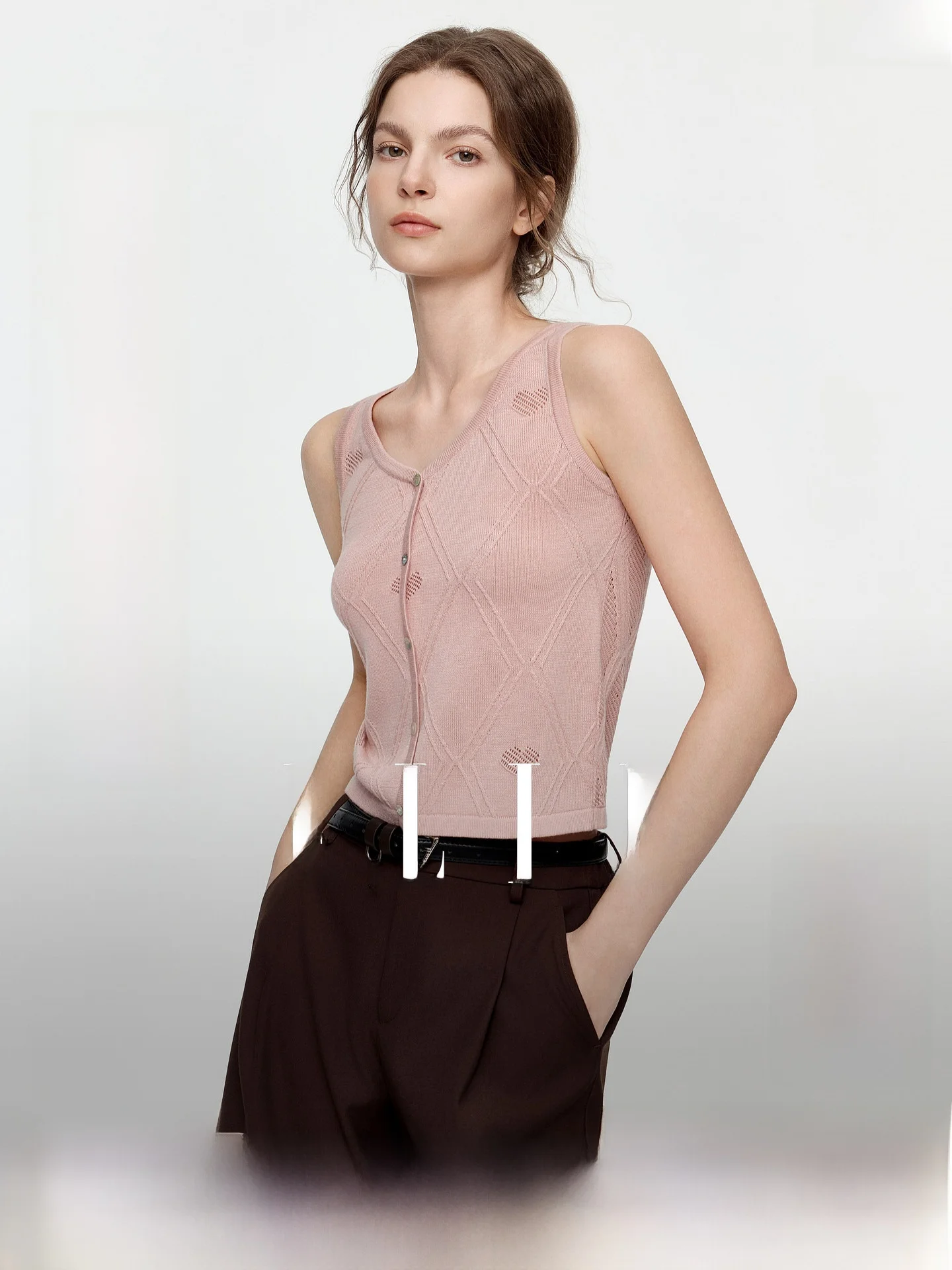 ELLE Retro Diamond Pattern Hollow out Lace Trim Casual Slimming Commute Top Women's Vest Autumn New Style Inner Wear Shirt
