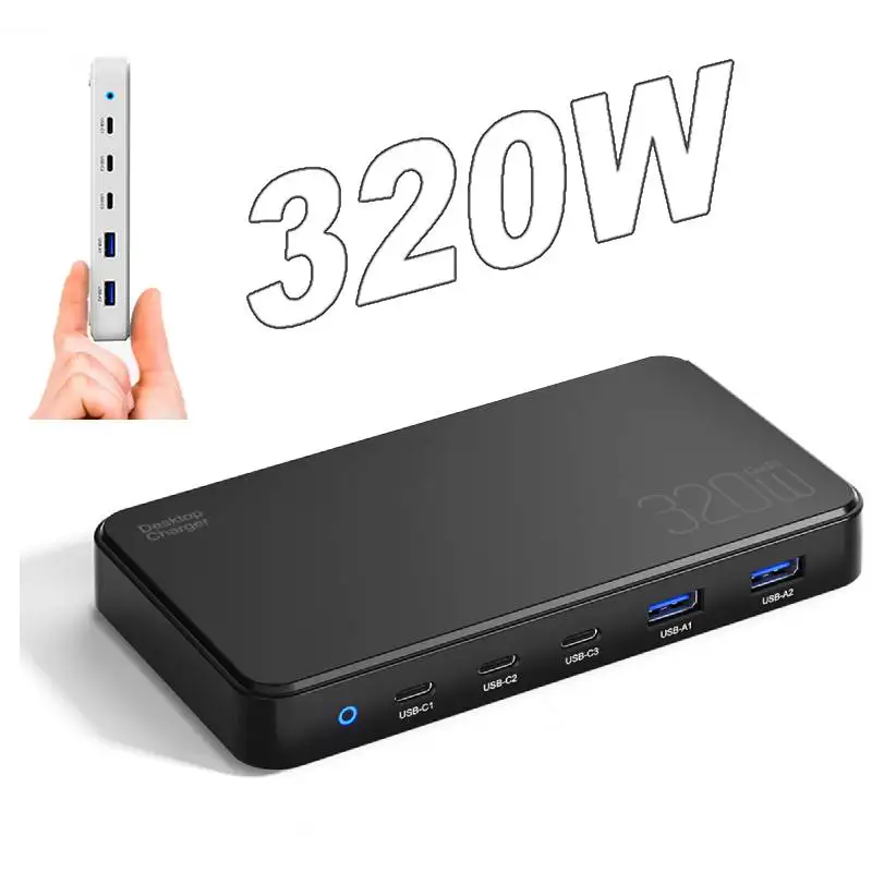 320W GaN Charger USB C Fast Desktop 5-port USB Type C PD Charger Fast Charge 3.0 USB Type C Fast Charger for iPhone15 16 Samsung