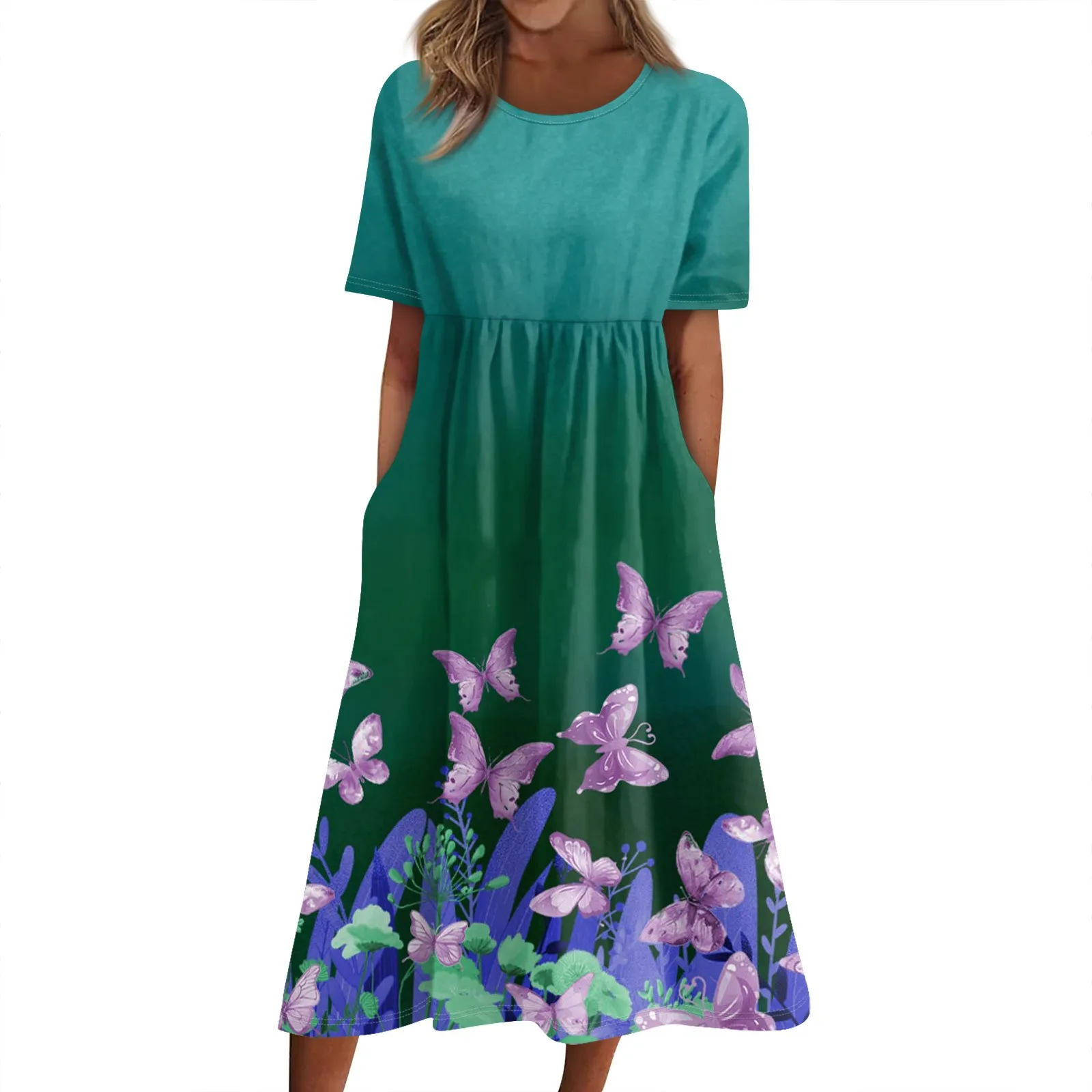 Robe longue à imprimé floral style bohème pour femmes, tenue décontractée, col rond, manches courtes, coupe trapèze, vêtements de plage, vacances, été, 2024