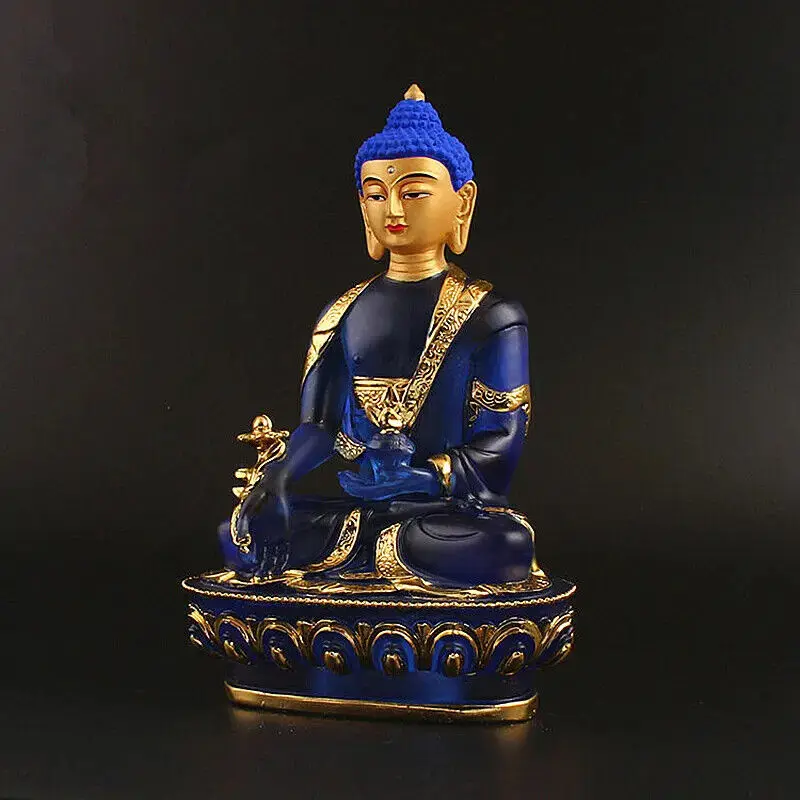 20.5cm Classic Blue Resin Exquisite Lotus Base Medicine Buddha Statue FOLK ART Collection