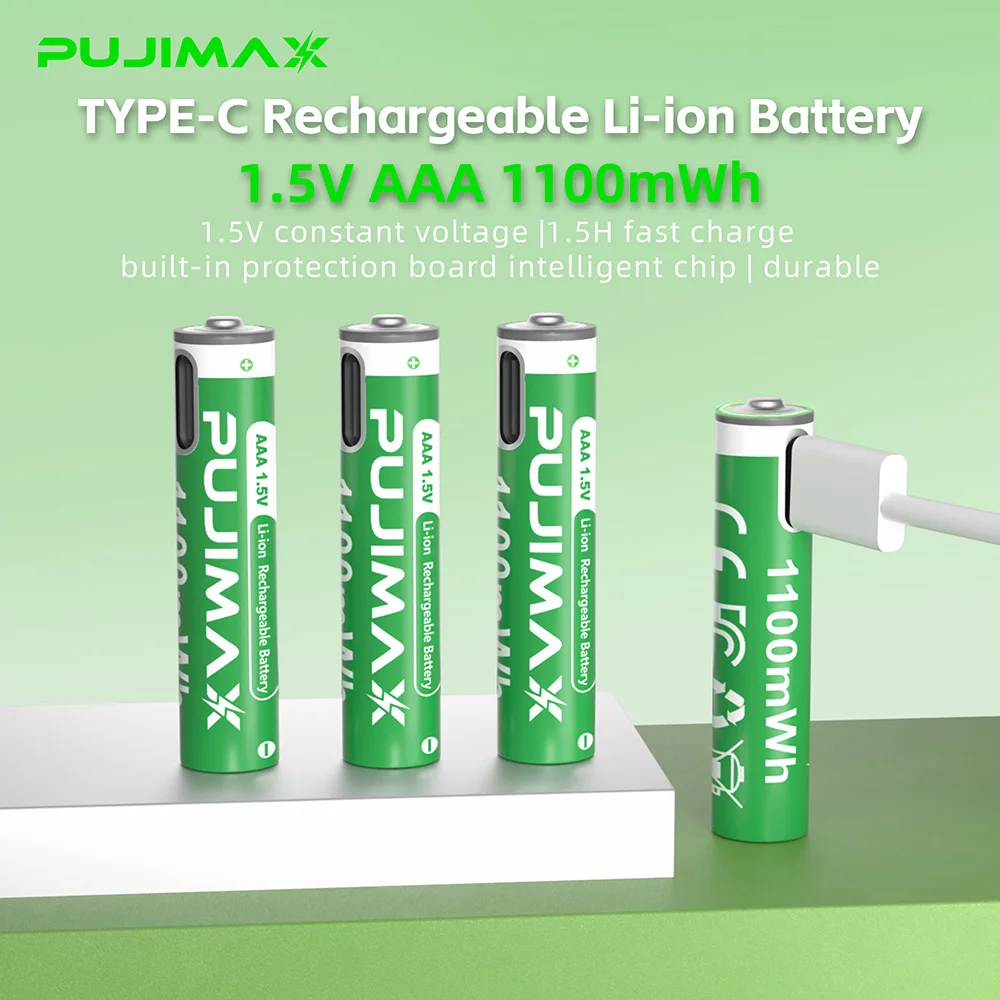 PUJIMAX 1.5V AAA 1100mWh Li-ion Rechargeable Battery Real Capacity Lithium Battery USB Type C Li-ion Batteries For Alarm Clock