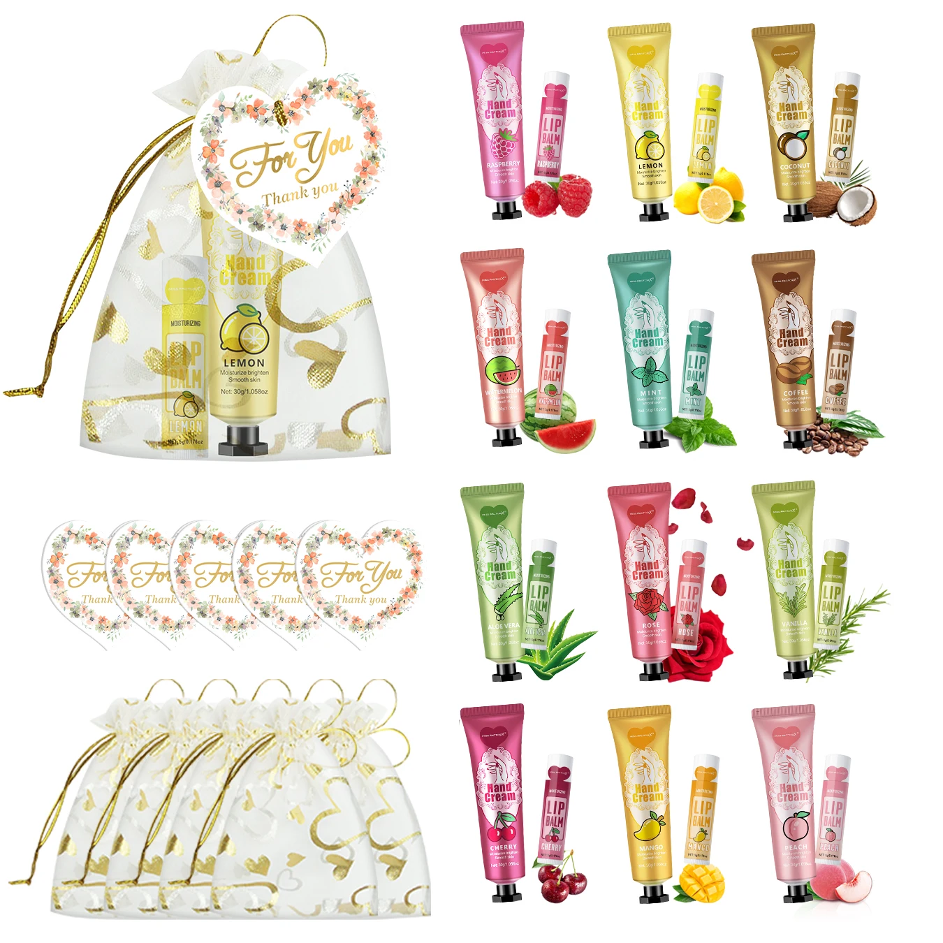 12 Hand gift Hand cream and lip balm set Friends Party Gift with love net bag and thank you card Holiday gift