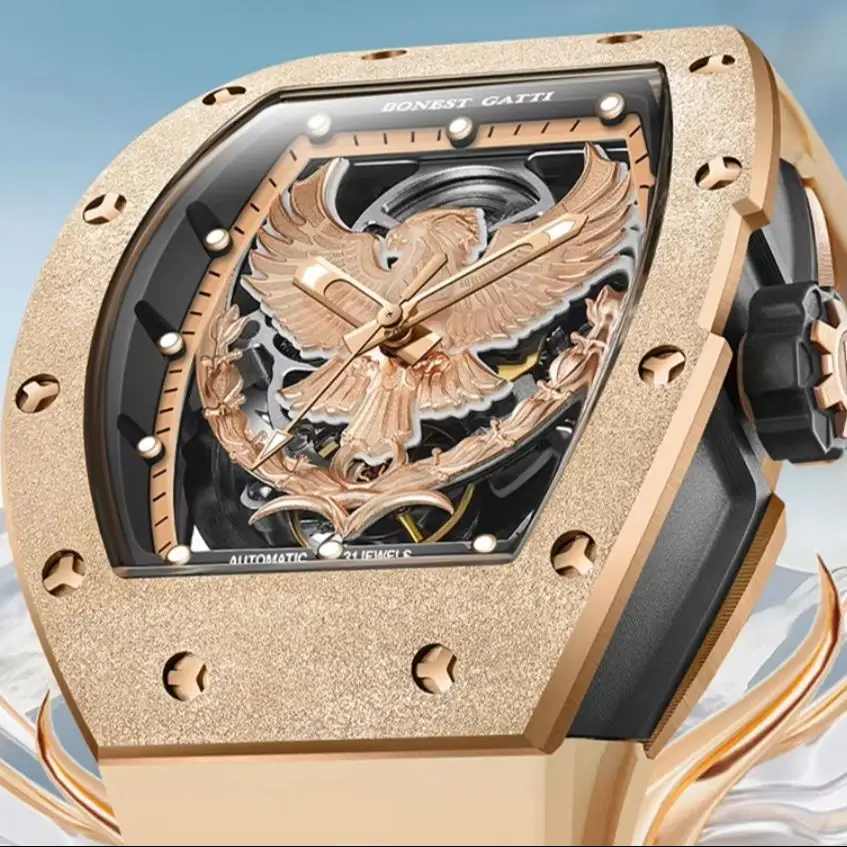

BONEST GATTI Men Automatic Watch Tonneau Mechanical Wristwatch Sapphire Mirror Luminous Skeleton Eagle Dial FKM Strap