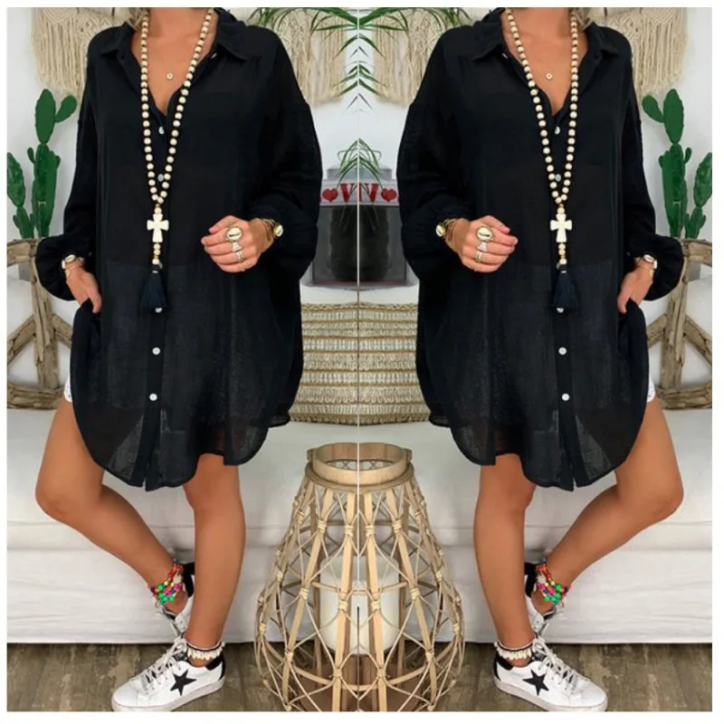 Mandylandy Summer Shirt Women\'s Button Loose Long Sleeve Casual Shirt Beach Wear Top Swim Cover Up Solid Color Loose Shirts
