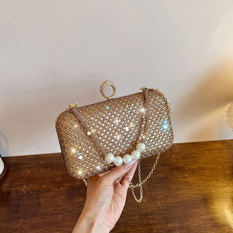 

Diamond Embedded Pearl Head Crossbody Bag Chain Party Dress Bag Versatile Elegant Evening Bag Polyester Fiber Interior Structure
