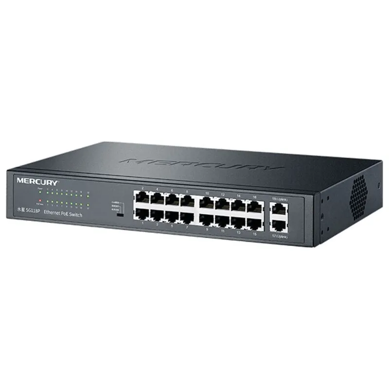 MERCURY SG118P-conmutador Gigabit PoE de 16 puertos, conmutador GE de 2 puertos, 18X10/100/1000Mbps, RJ45, 250W PoE, 30W por puerto, Plug and Play