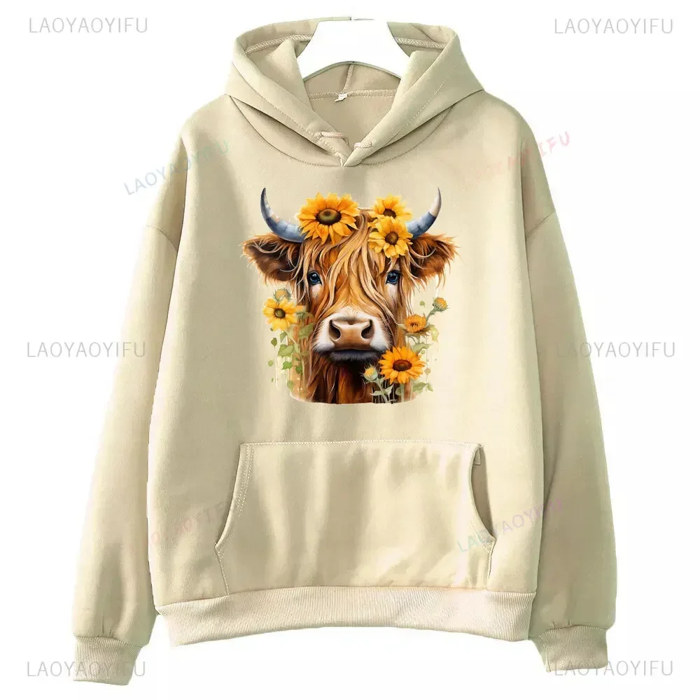 

Женская толстовка с принтом Highland Cow и подсолнухами, осень и зима, подарок для мамы, теплая толстовка, пуловер с заниженными плечами