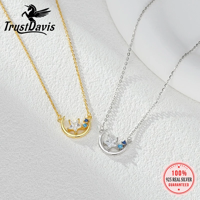 

TrustDavis 925 Sterling Silver Women's Fashion Star and Moon Colored Zircon Pendant Necklace for Women Girls Jewelry Gift DS4436