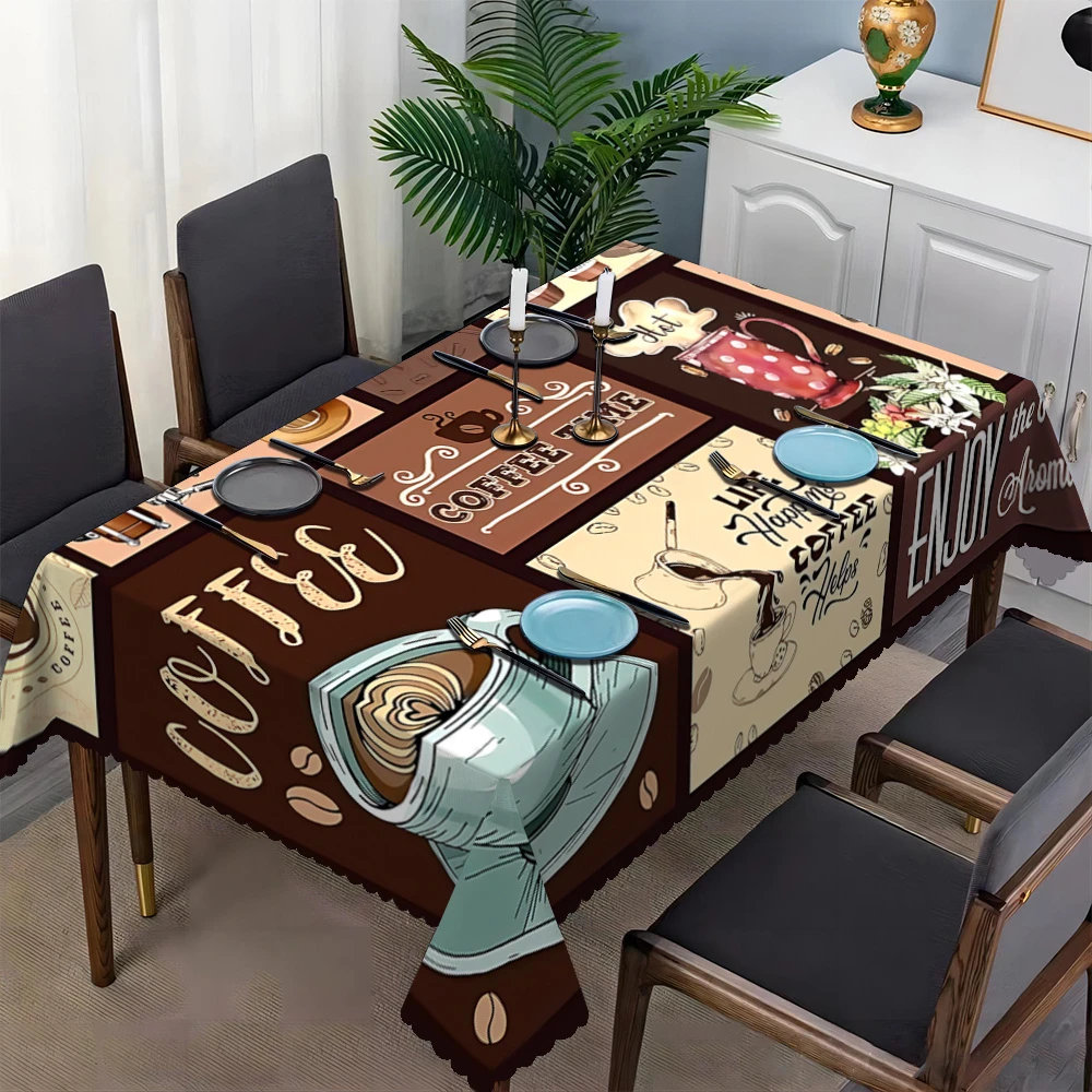 1pc Coffee-Themed Rectangular Tablecloth with Scalloped Edges,  with Chili Pepper & Coffee Cup Design, Perfect for Home Dining