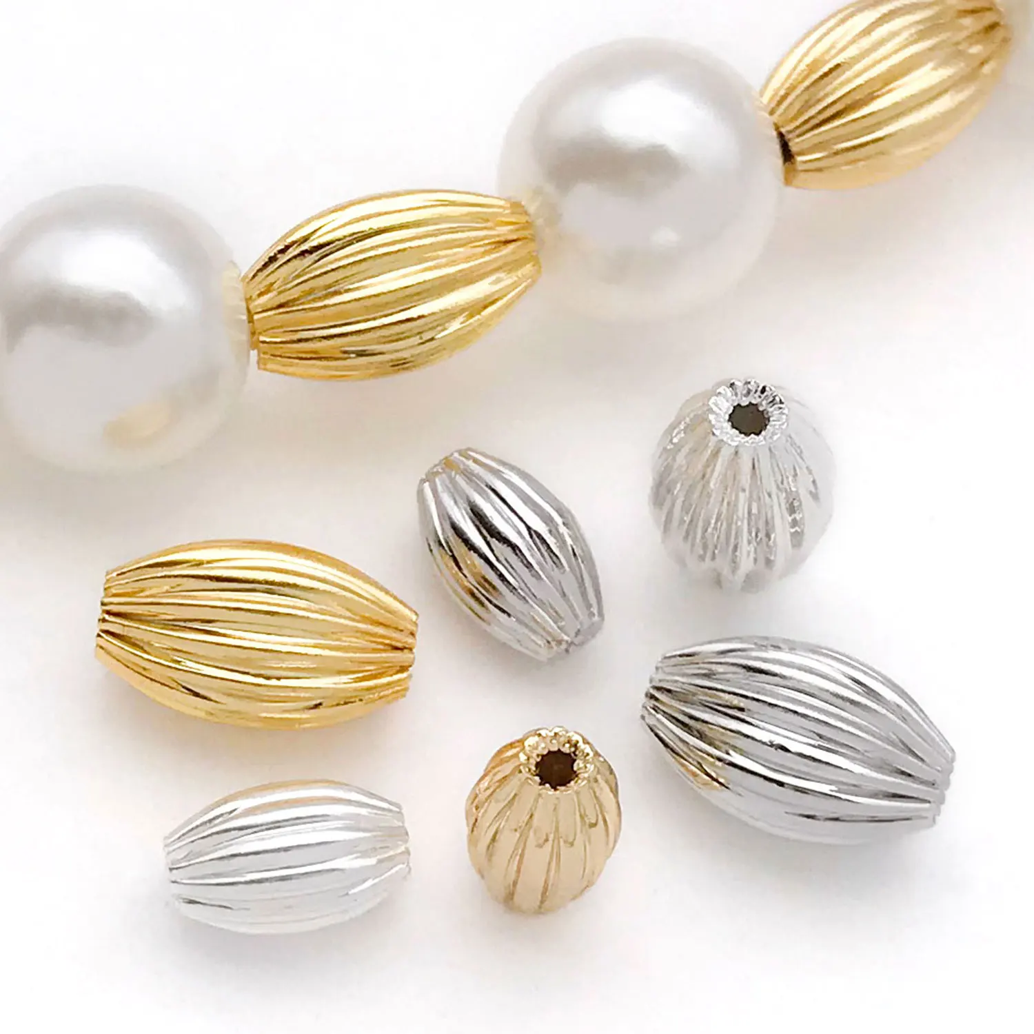 10pcs 18K Real Gold Plated Brass Rice Shape Beads, Striped Cut Flower Beads Loose Beads For DIY Jewelry Making Accessories
