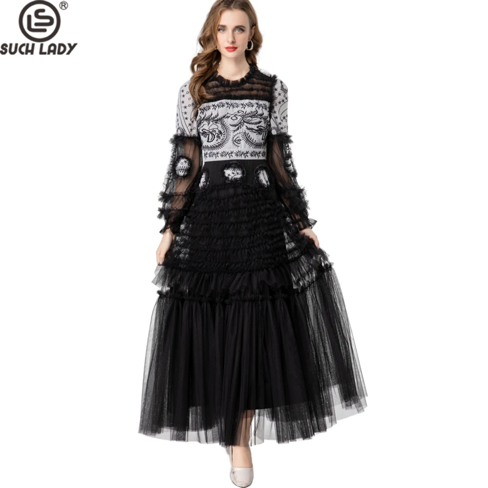 

Women's Prom Embroidered Tulle Gown with Dragon Motifs, Lace Ruffles & Long Sleeves for Weddings & Special Events S-4XL