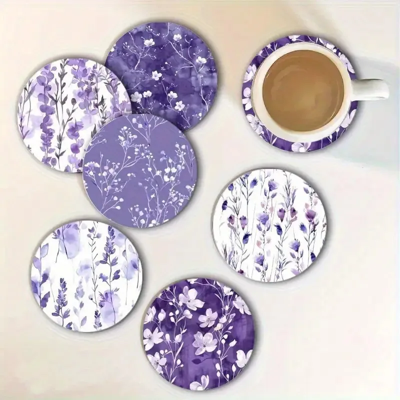 Purple Flower-Shaped 2D Wooden Coasters Set of 4 Home Tabletop Heat-Resistant Decorative Housewarming Gift