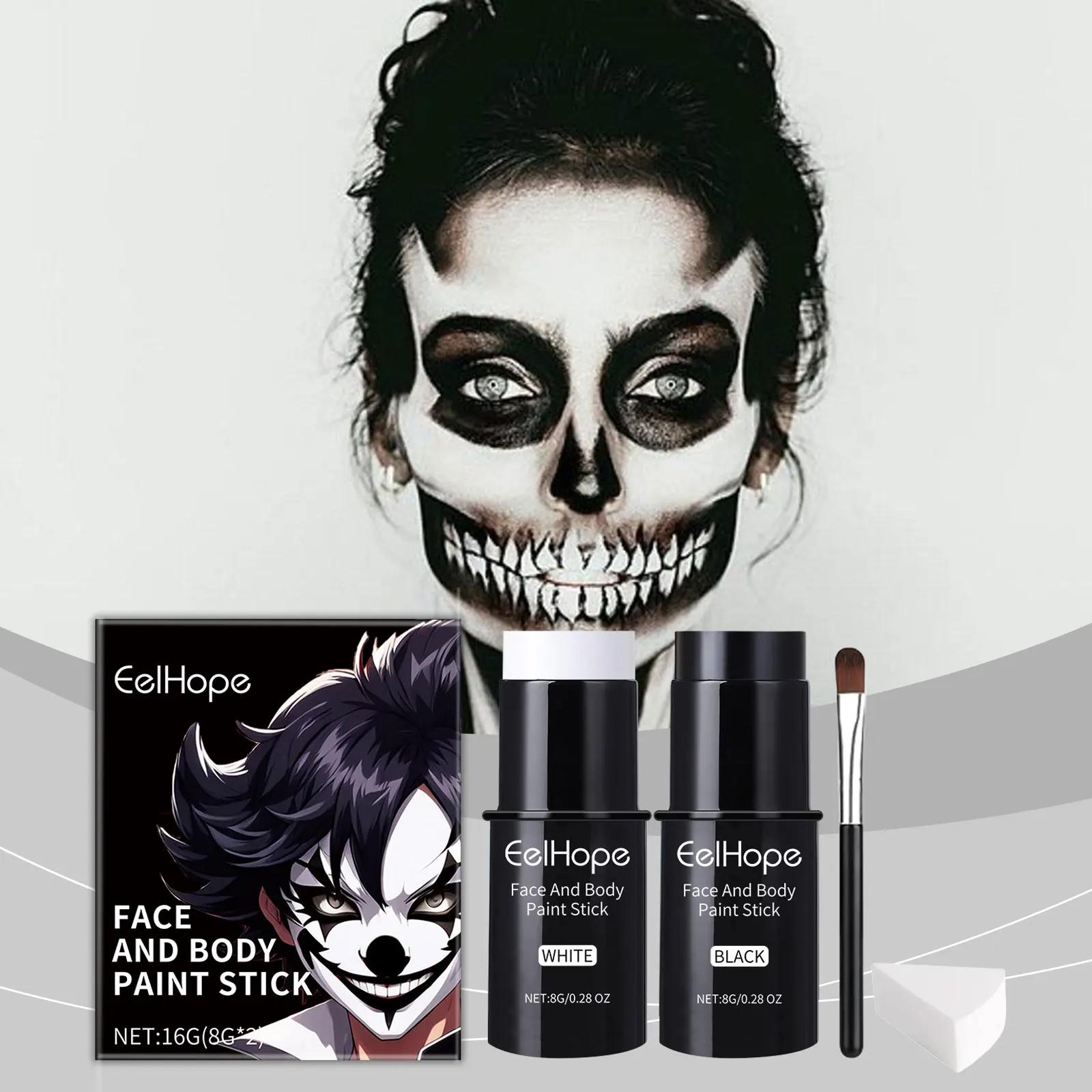 Black White Face Body Paint Kit Cover Foundation Clown Colorful Long Lasting Waterproof Halloween Festive Makeup Accessories Set