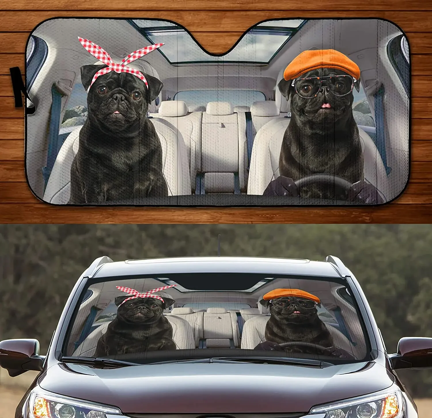 Black Pugs Dog Couple Driving Summer Car Sunshade, Black Pug Auto Sunshade for Pug Lover Dog Mom, Car Windshield Durable Visor