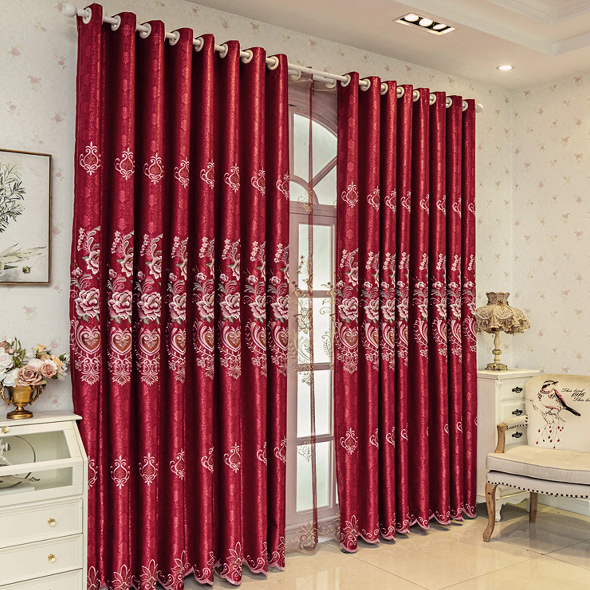 1pc Luxury European Floral Embroidered Curtains, Blackout Drapes for Living Room & Bedroom, Push Pull Door Rings Design