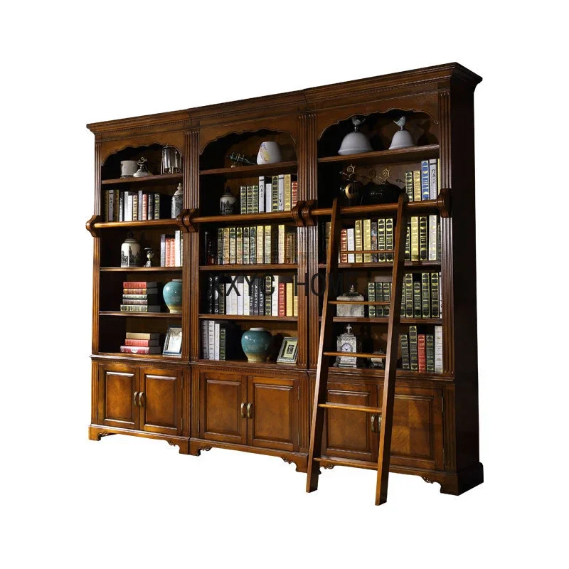 

American-Style Solid Wood Simple European Oak Whole Background Wall Bookshelf Log Bookcase