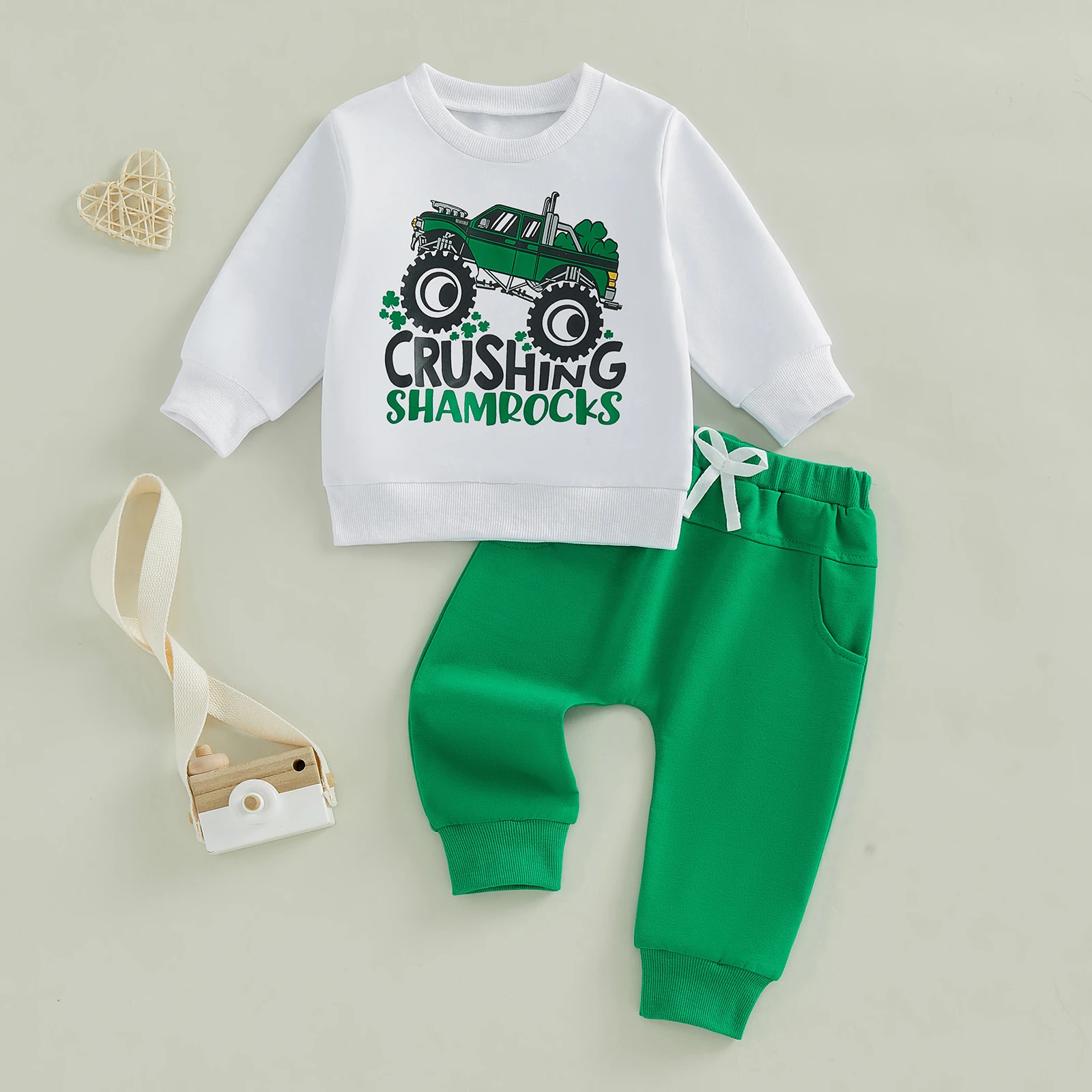 Toddler Baby Boy Spring Outfits Shamrock Letter Truck Print Crew Neck Long Sleeve Sweatshirt and Pants 2 Pcs Clothes Sets