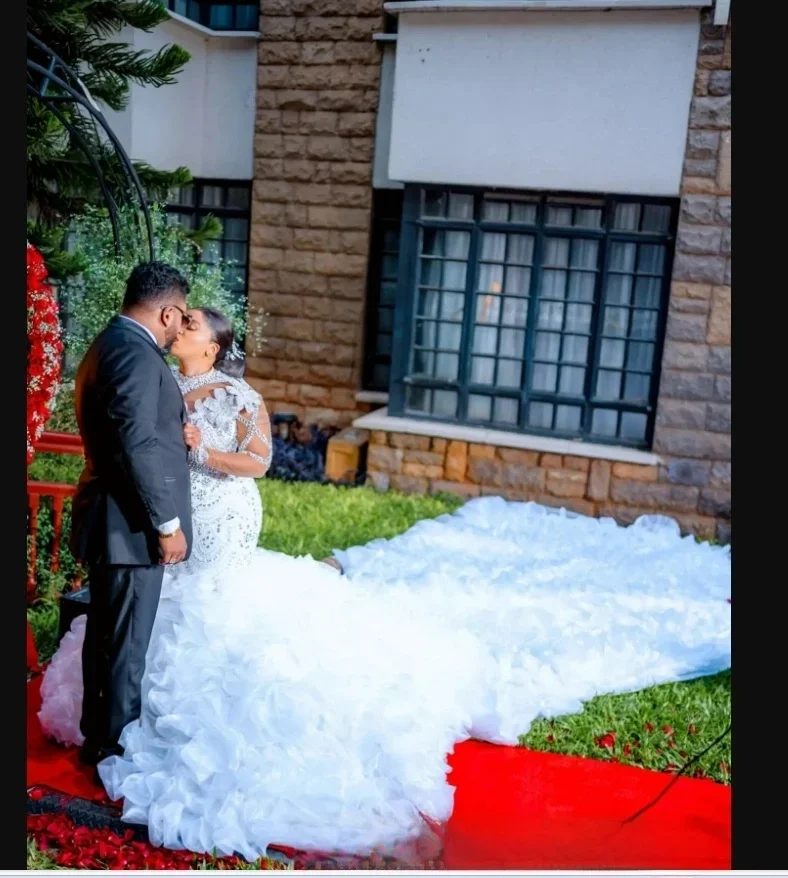 Customized High Collar Sparkly Crystals Beads Plus Size Wedding Dress Cascading Ruffles Country  Vestido Noiva Bridal Gowns