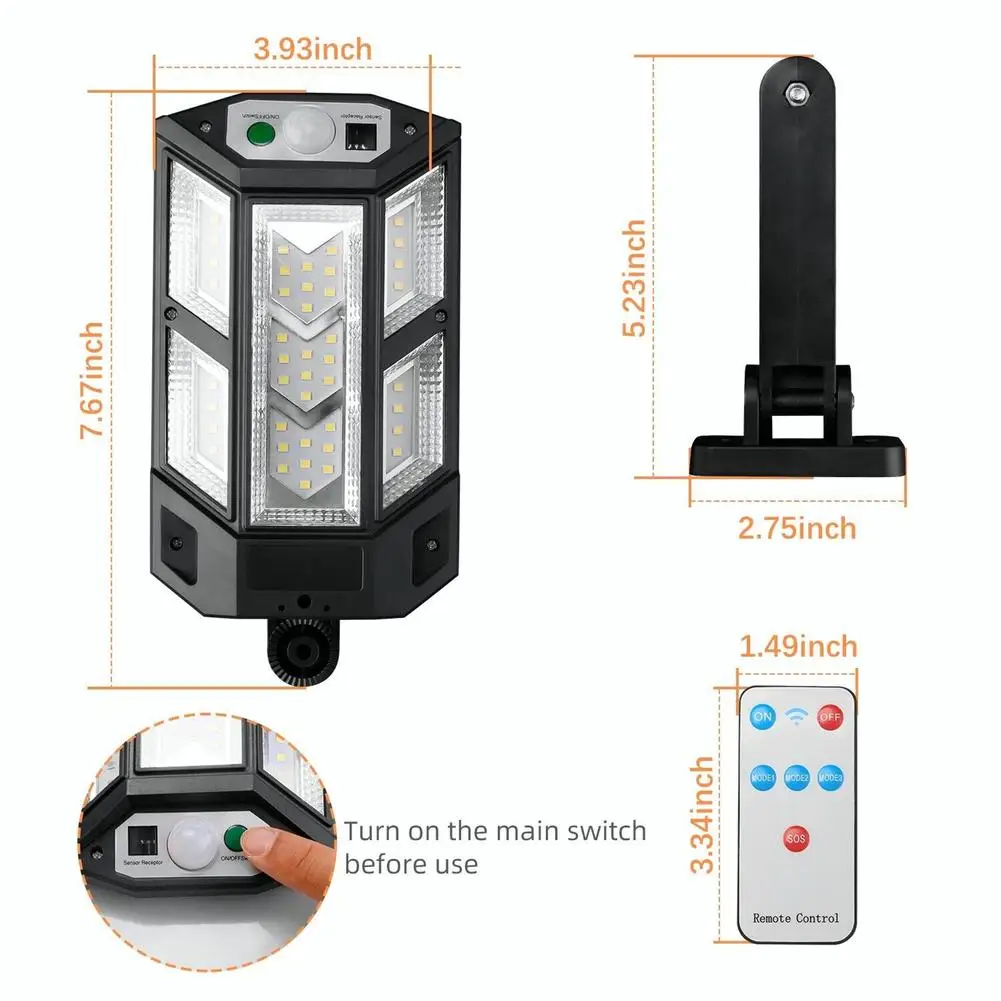 Projecteur solaire LED avec télécommande, détecteur de mouvement, étanche, sécurité extérieure, lampadaire, 3 modes d'éclairage, 2400W, nouveau