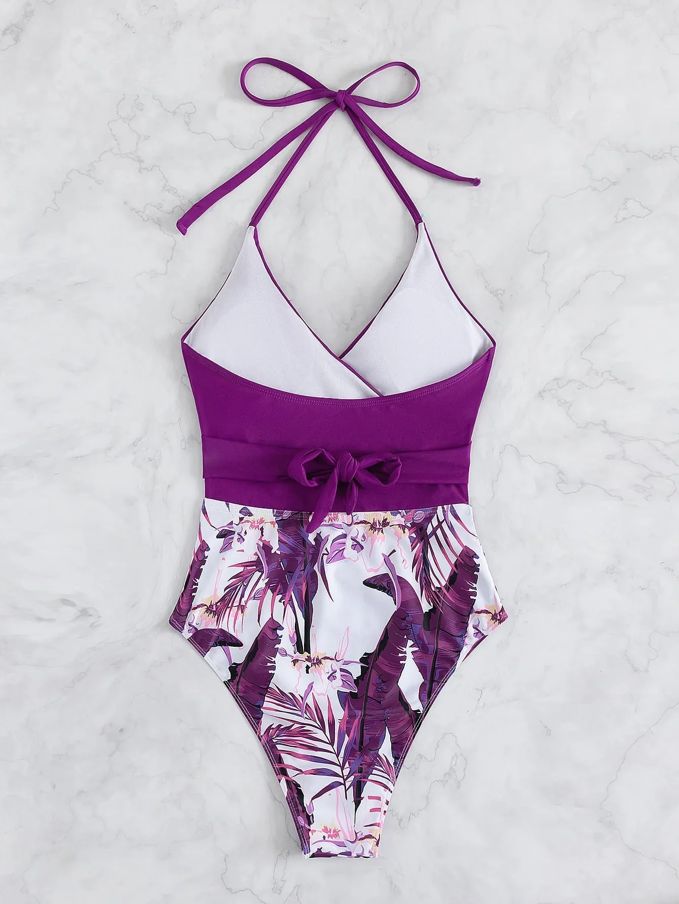 2024 New Women High Waist Bikini Set Halter Push Up Bikini Swimwear Printed Swimsuit Vintage Purple Bathing Suit Beachwear Pool