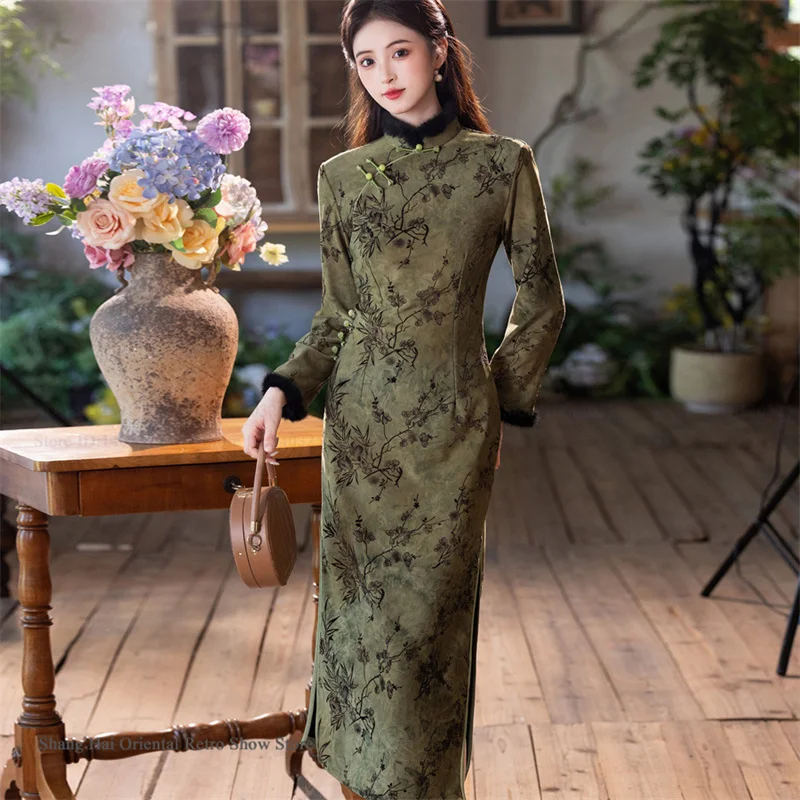 

Improve New Chinese Style Female Long Cheongsam Print Flowser Thicken Qipao Hanfu Dress Elegant Chinese Traditional Costume 3XL