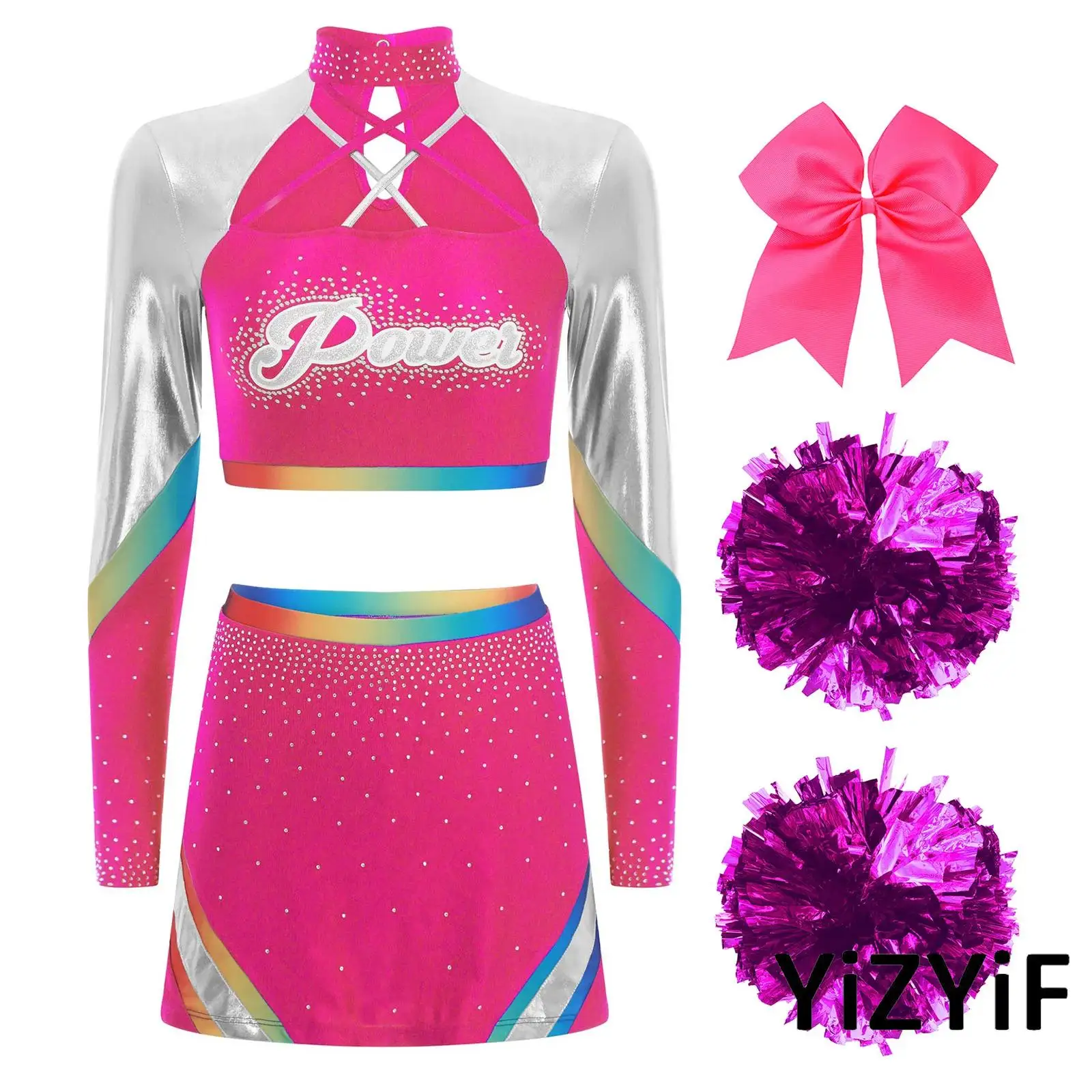 

Complete Cheer Set for Women Sparkling Sequins Uniform with Long Sleeve Crop Top And Matching Skirt for Team Squad Performance