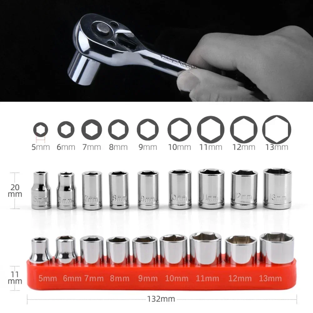 

9pcs Hex Bit Metric Socket Wrench Head Nut Set With Red Base Power Drill Hand Removal Tools 1/4 Inch Drive 5-13mm