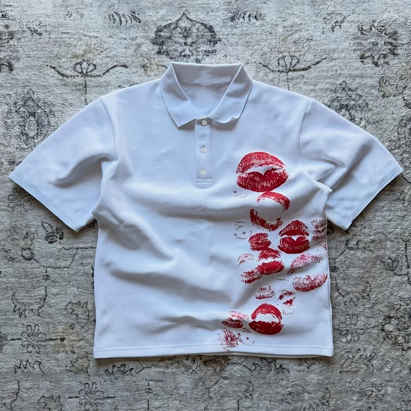 Y2K Lip Print Polo Shirt, Loose Street Style Casual Short Sleeved Top Polo Shirt Y2K American T-shirt
