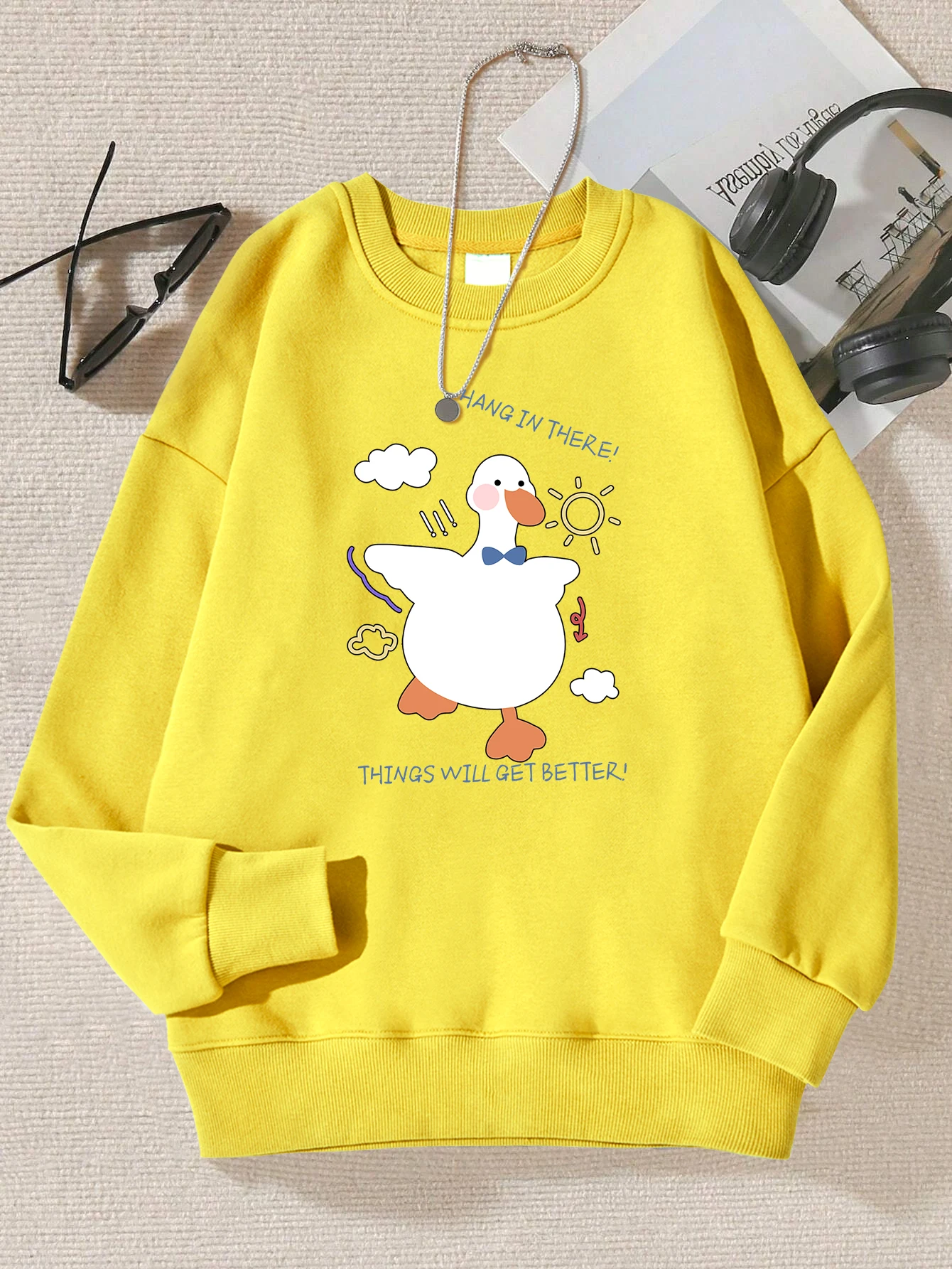 Happy Running Ducks Cartoon Prints Sweatshirt Women Autumn Fleece Sportswear Simple Hip Hop Tops Street Unisex Crewneck Pullover