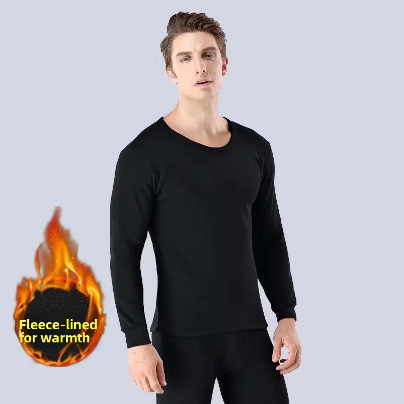 Thickened Fleece Men's Thermal Underwear Set Warmth Retention Long Sleeve round Neck Pants Long Pants Home Clothes for Autumn...