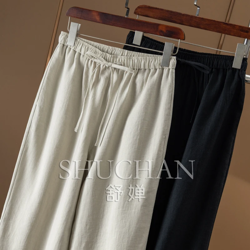 2025 Zomer Cool Lyocell Linnen Elastische Hoge Taille Rechte Broek Vrouwen 06C7 Broek Pantalones Mujer Verano