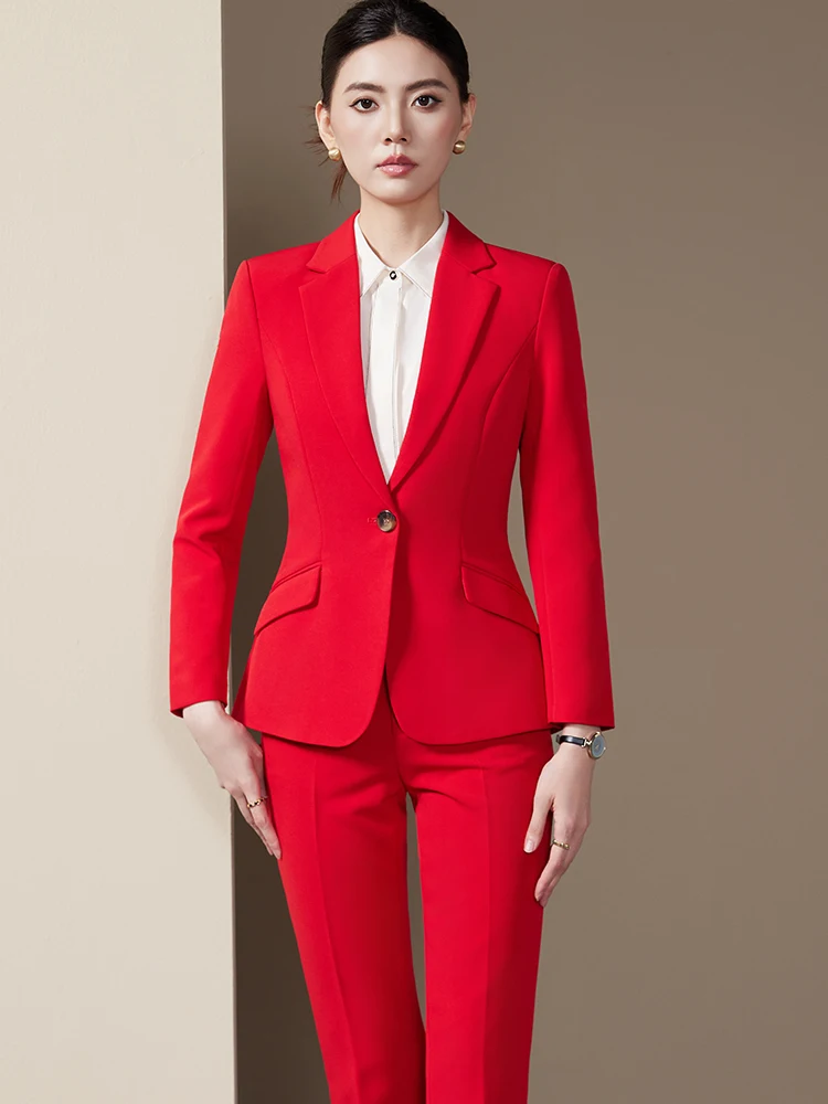 Vermelho cáqui preto senhoras calça terno feminino 2 peças conjunto formal blazer e calças