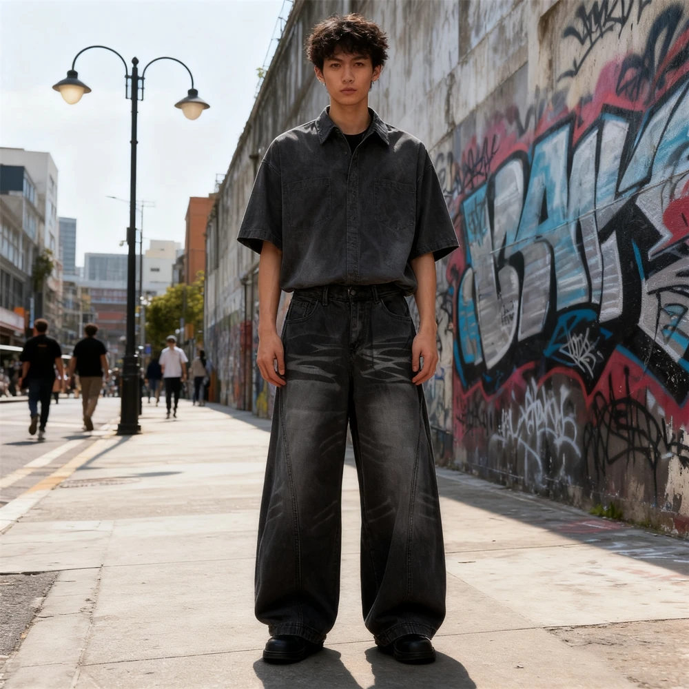 KUCLUT موضة جديدة نمط الشارع الشهير ملابس عتيقة فضفاضة كبيرة الحجم الساق الدنيم السراويل الجينز للرجال والنساء