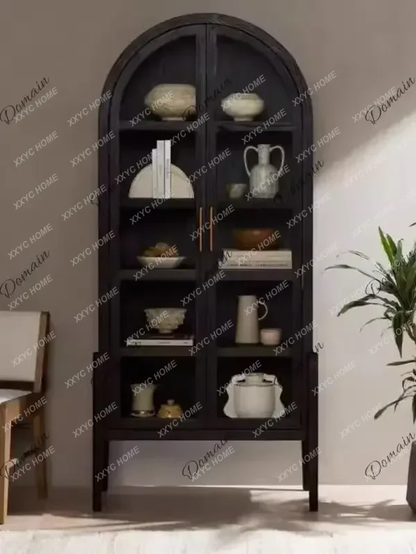SS Retro Solid Wood Bookcase American Arched Glass Wine Cabinet Medium Antique Simple Display Cabinet Customization