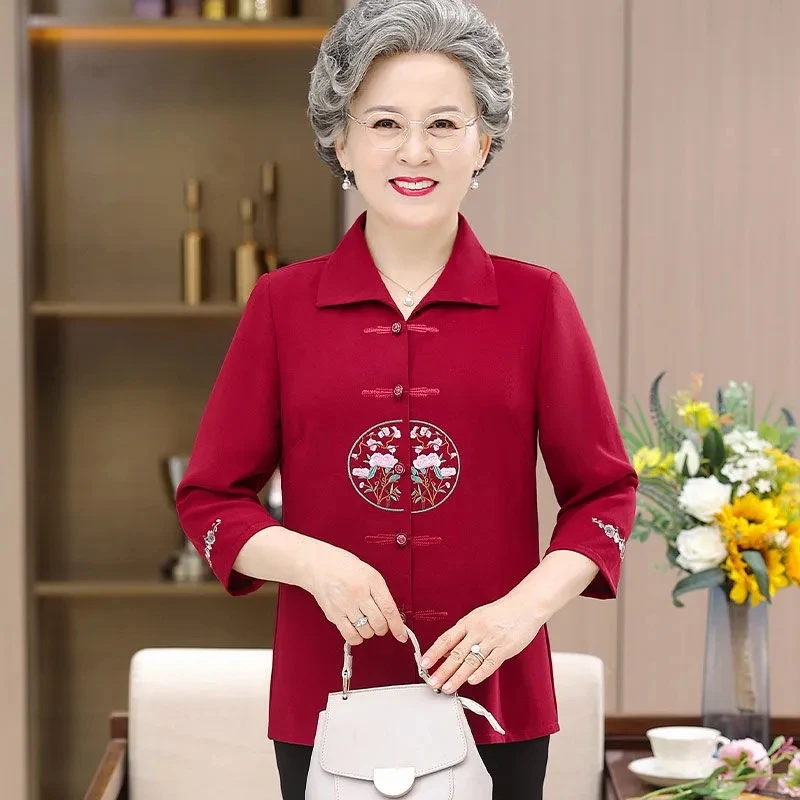 Fashion Summer Dress Grandma's Cropped Sleeve Shirt The Old Lady's Loose Embroidery Temperament Casual Blouse Female Tide.