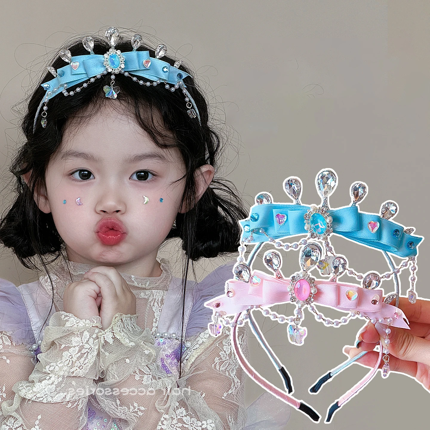 New Kids Princess Crown Headband Mermaid Tail Rhinestone Tiara Long Ribbon Streamer Tulle Veil No Hurt Hair Hoop for Toddler