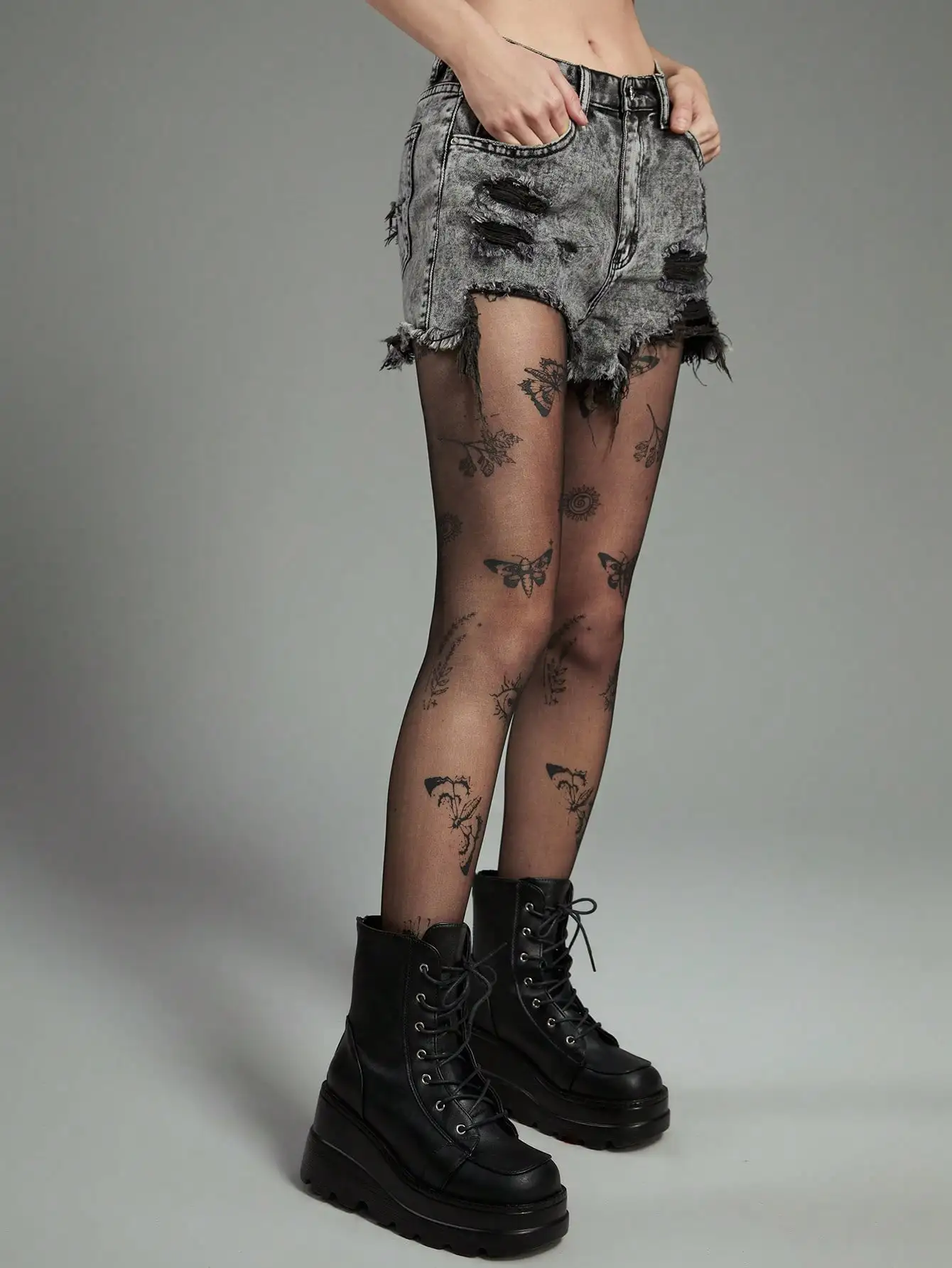 Dark Vintage Butterfly Plant Tattoo Sheer Stockings Ladies Black See Through Mesh Streetwear Tights