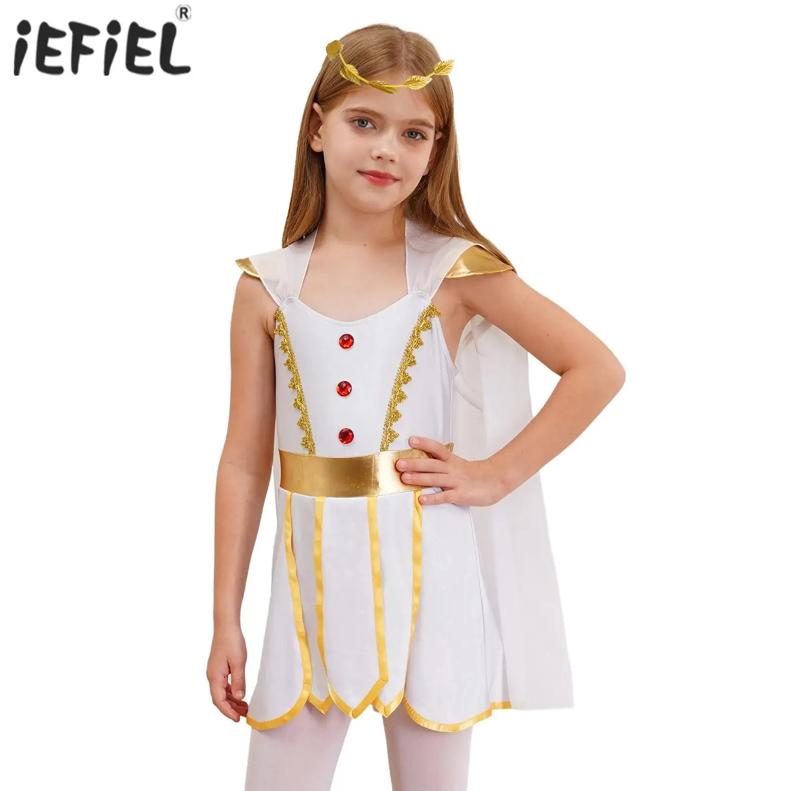 

Kids Girls Halloween Ancient Greek Princess Cosplay Costume Sleeveless Tulle Toga Dress with Arm Sleeves and Headwear Dress Up