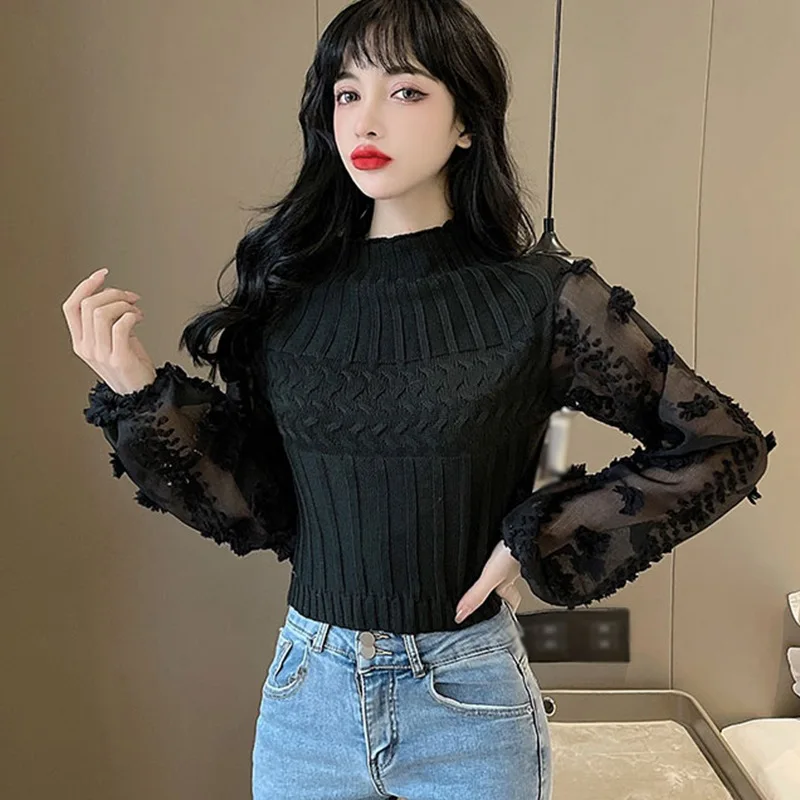 Women Half High Collar Sweaters Sweet Jumper Bubble Sleeve Mesh Stitching Tight Slim Short Knitted Tops