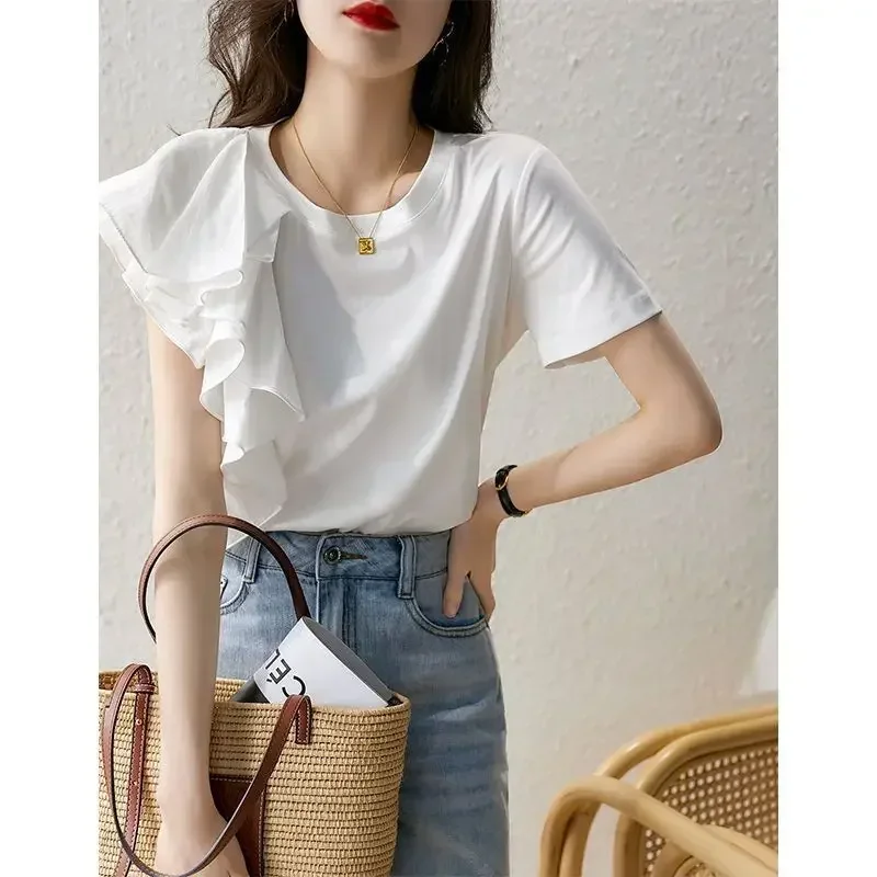 

Fashion O-Neck Spliced Asymmetrical Hollow Out Ruffles Blouse Female Clothing 2023 Summer New Casual Pullovers Office Lady Shirt