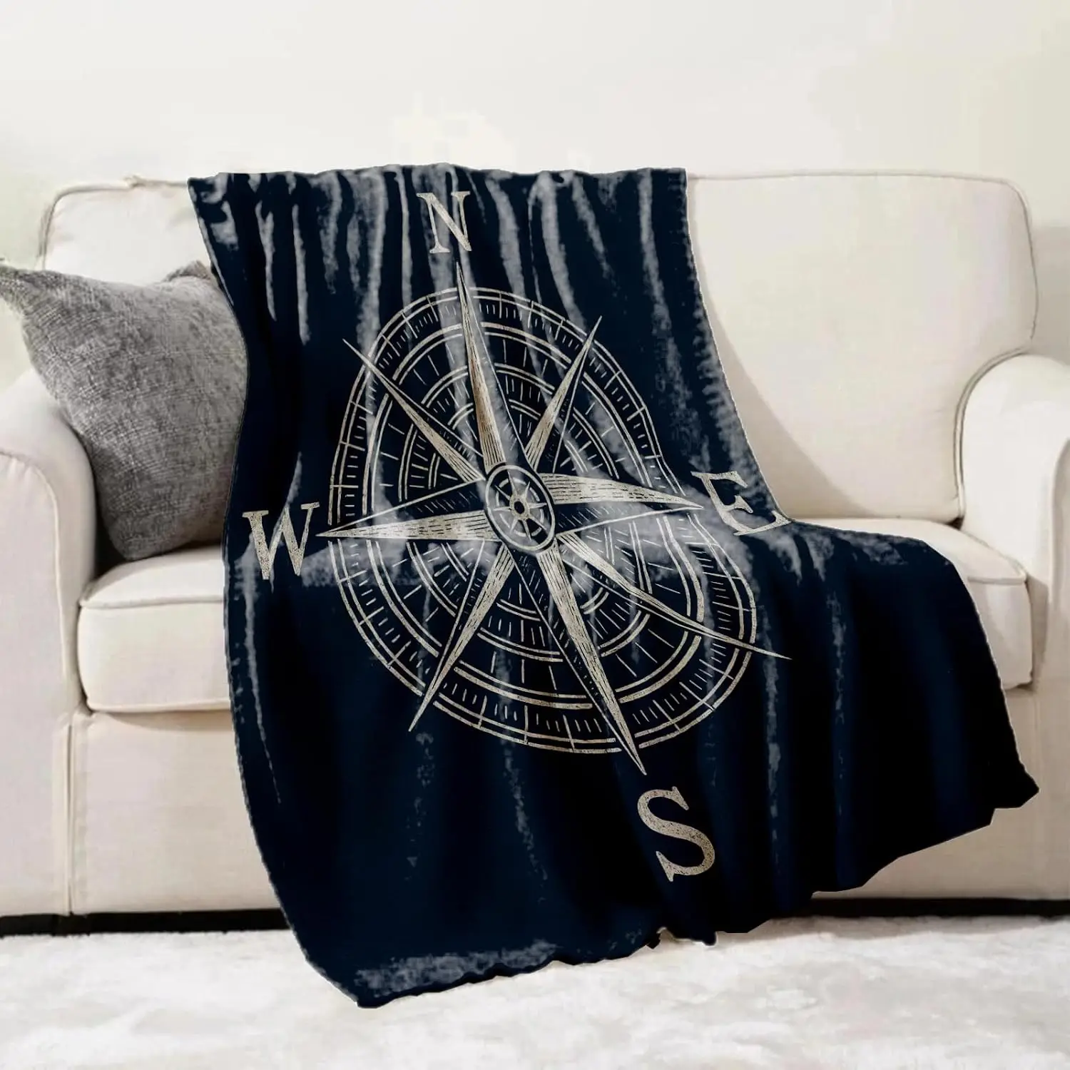 Dark Navy Vintage Wind Rose Compass Print Soft Flannel Blanket Retro Nautical Throw for Sofa Bedroom Coastal Home Decor
