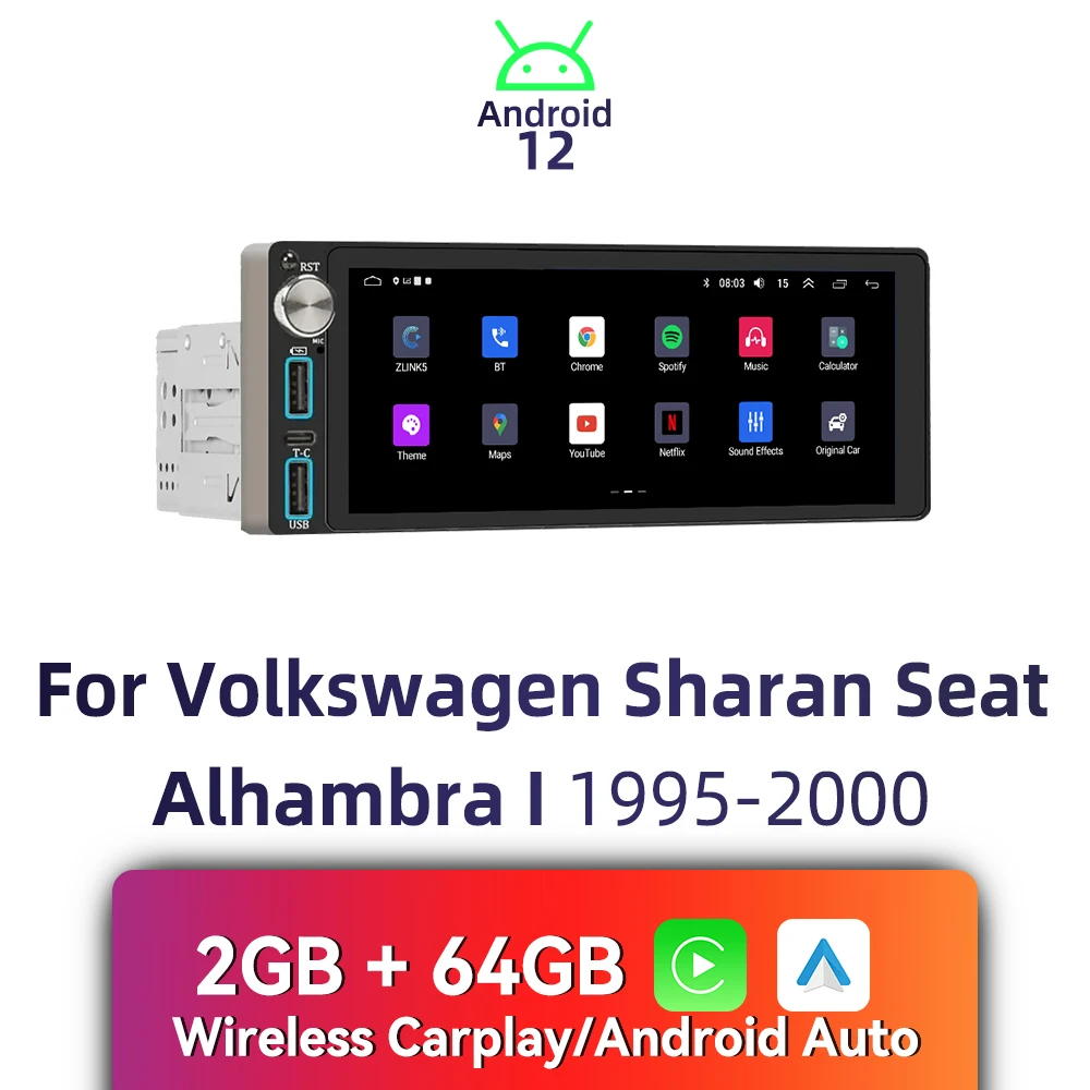 

6.86" 1 Din Android Car Multimedia Radio CarPlay GPS WiFi for VW Volkswagen Sharan Seat Alhambra 1 I 1995-2000 Stereo Head Unit