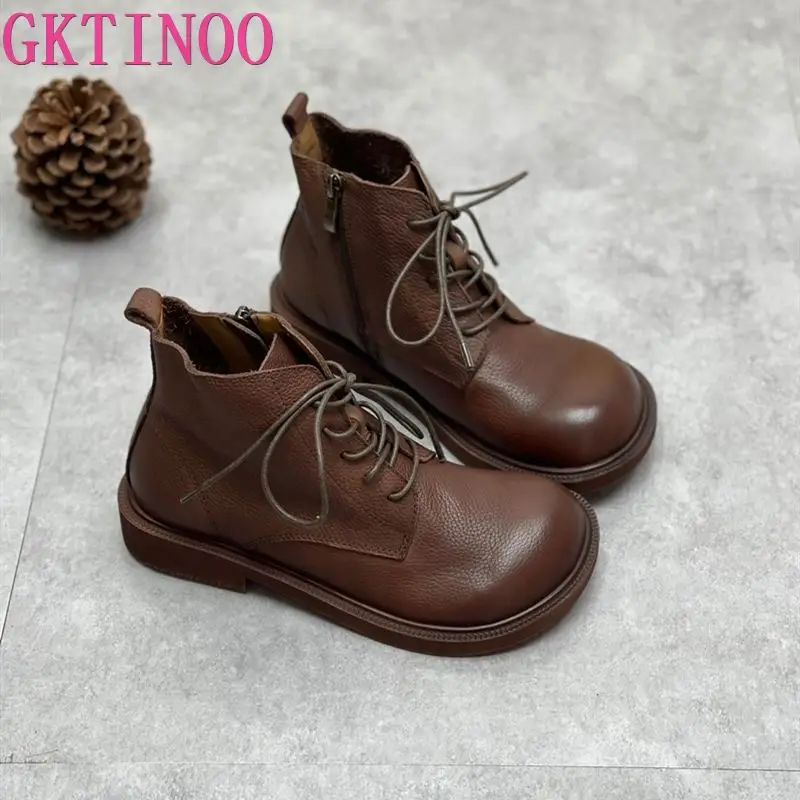 GKTINOO Genuine Leather Ankle Boots Women Shoes 2024 New Autumn Winter Round Toe Square Heel Zip Handmade Leisure Women Boots