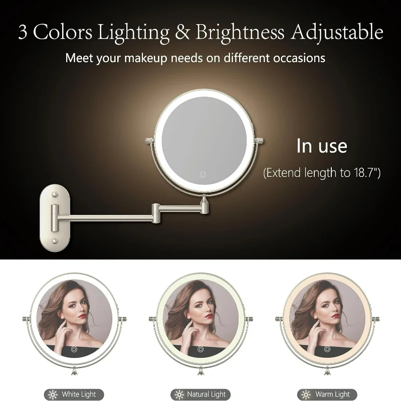 

Stylish Rechargeable 8 Wall Mounted Lighted Makeup Vanity Mirror with 1X 10X Magnification, 3 Color Lighting, Touch Screen Dimm