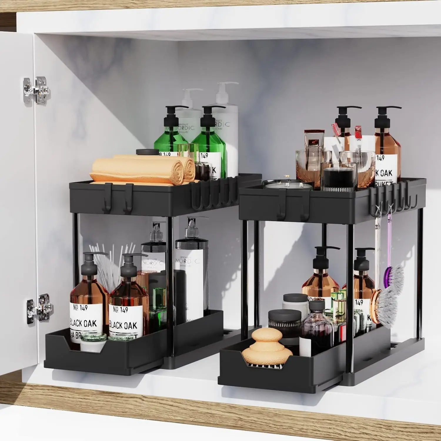 2 Tier Sliding Under Sink Organizer with 5 Side Hooks and 3 Detachable Hanging Baskets,Pull Out Rustproof Metal Storage Rack,Tool Free Assembly,Multi Scene Space Saving Shelf for Kitchen,Bathroom,Laundry Room,Pantry,Apartment,Dorm,RV
