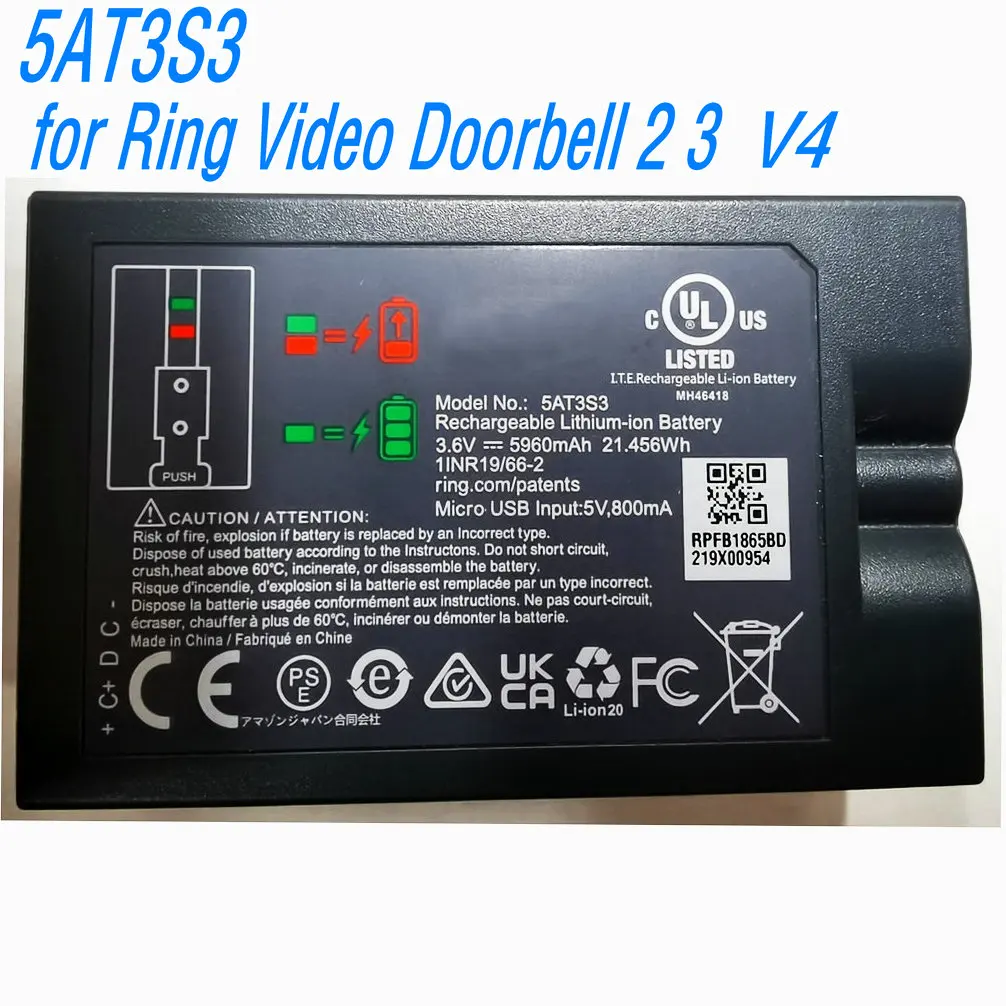 

3.6V 21.465Wh 5AT3S3 Original Rechargeable Battery for Ring Video Doorbell 2 3 V4 Spotlight Cam Video Door Phone1INR19/66-2