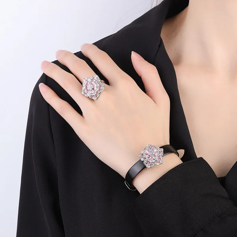 JitDoo Damond Studded Floral Belt Bracelet Pink Camellia Ring Temperament Luxury Gemstone CZ Wrist Strap Women Party Jewelry Set