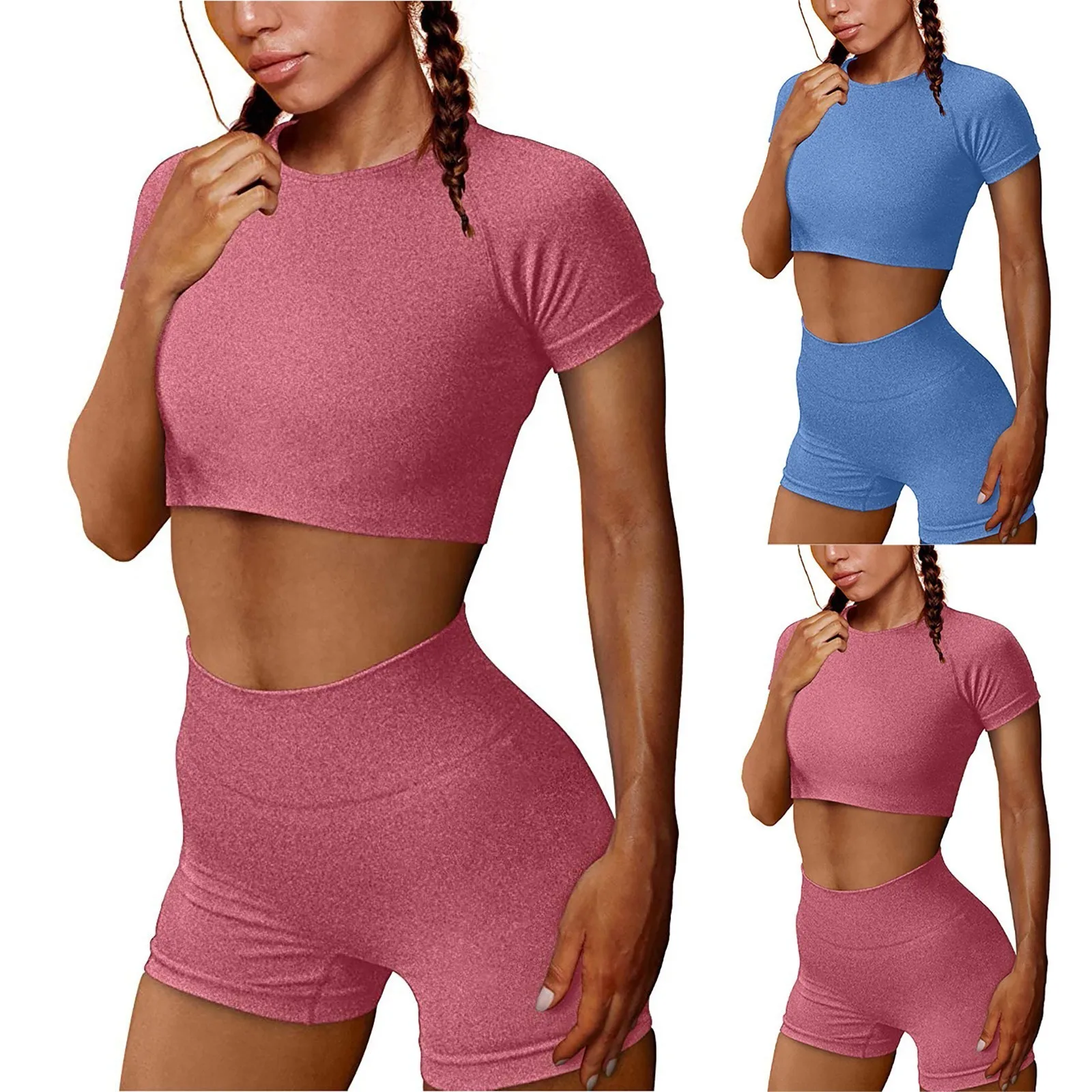 Women\'s Seamless Yoga Outfits Fashion 2 Piece Set Workout Gym Shorts Short Sleeve Crop Top High-Waisted Sports Shorts Workout Se